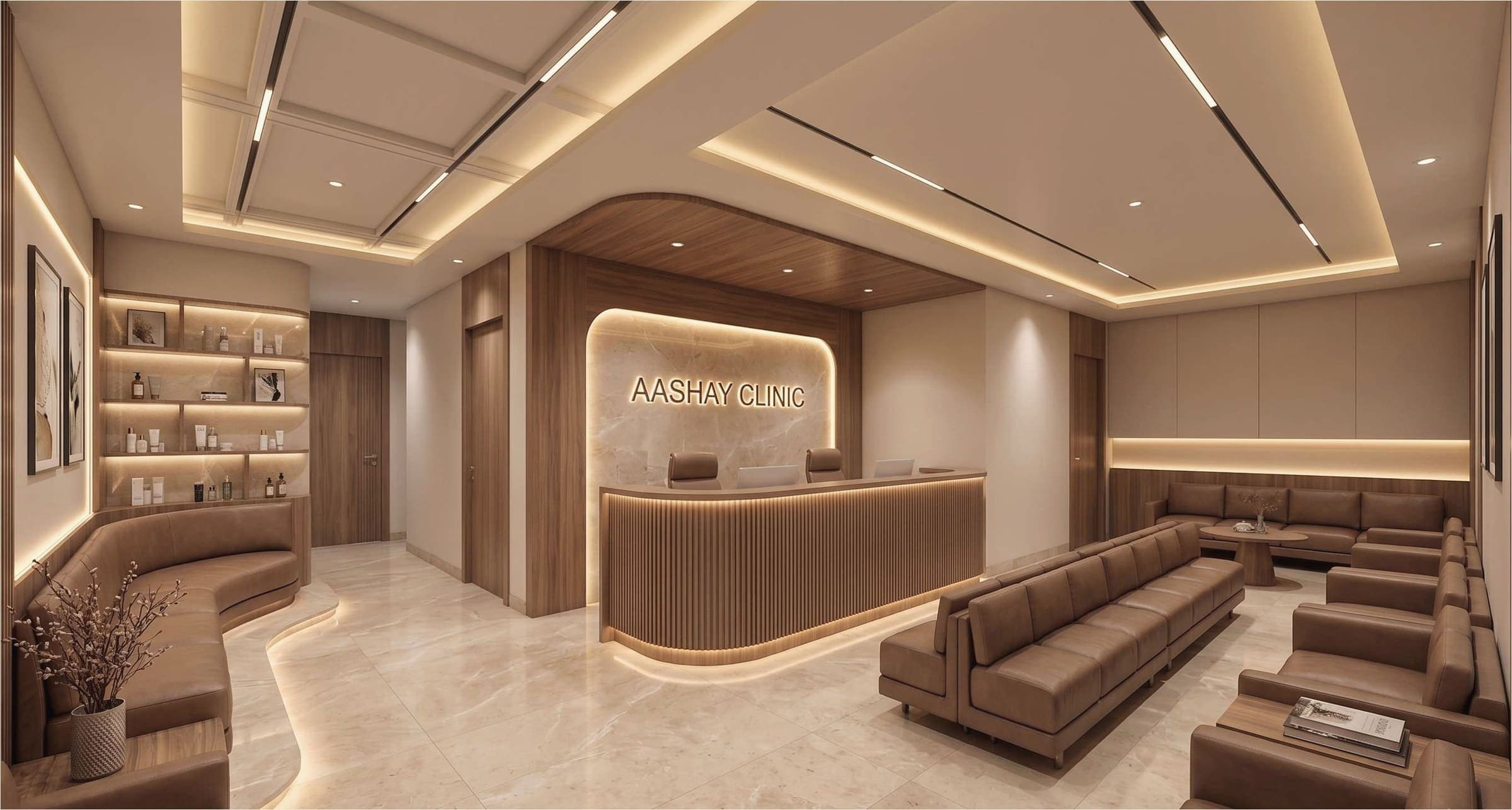 Reception and waiting area with warm timber and cove lighting, Aashay Clinic, Vishrantwadi, Pune
