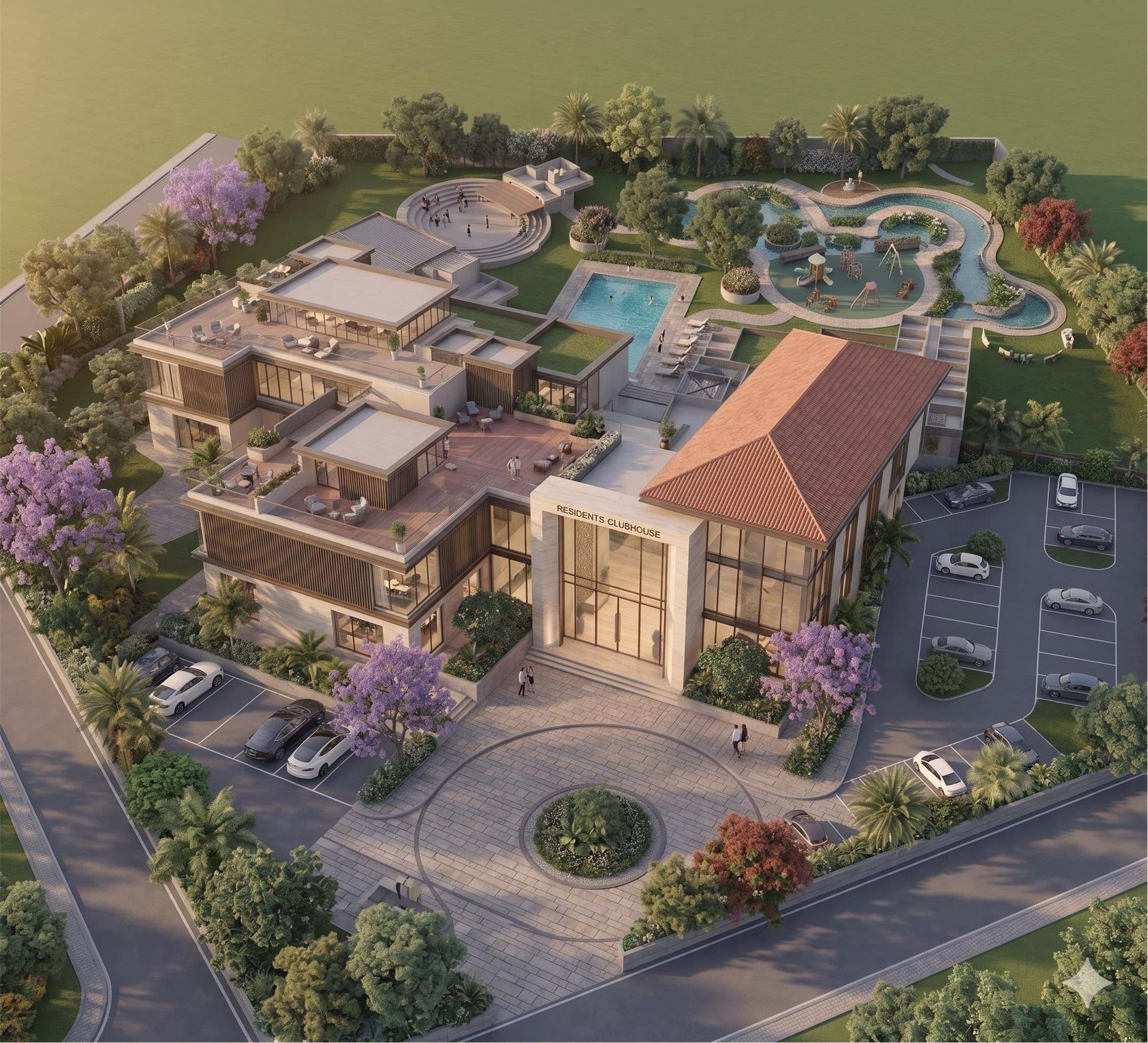 Aerial view of a community clubhouse masterplan, Pune