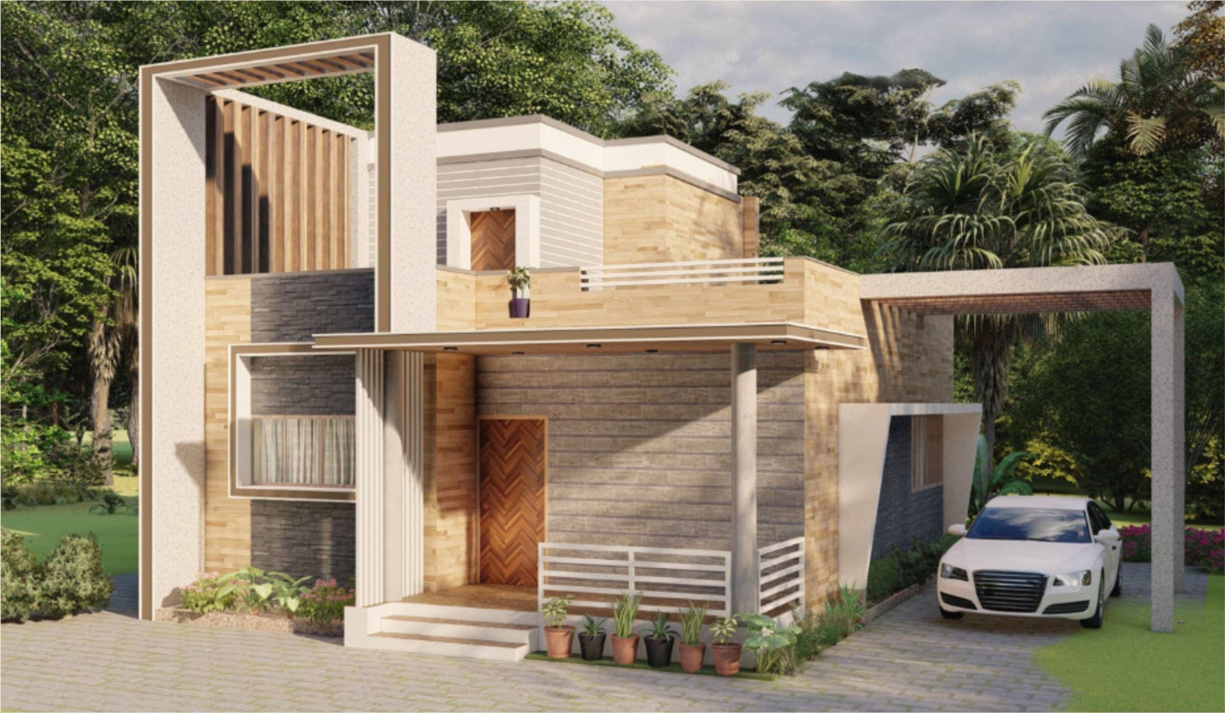 Timber-clad private residence entrance, Nashik
