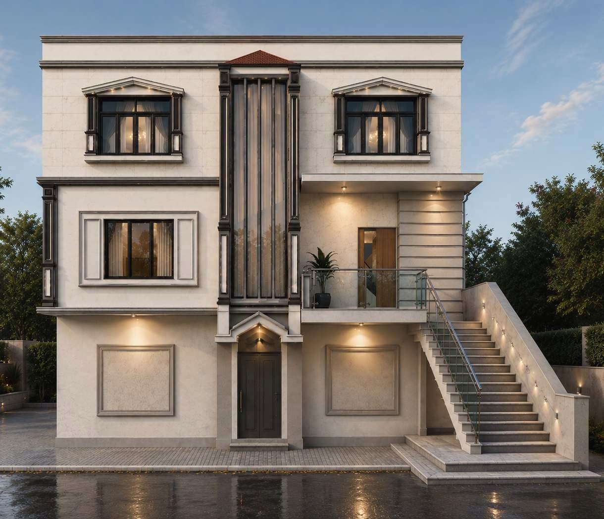 Symmetrical bungalow facade with fluted detailing, Kalewadi, Pune
