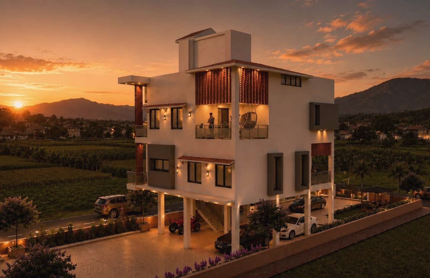 Contemporary bungalow at dusk, Shirwal, Satara